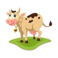 mucca che indossa una campana nell'illustrazione vettoriale del fumetto del prato