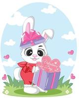 simpatico cartone animato il giorno di san valentino illustrazione del coniglietto con scatola regalo vettore