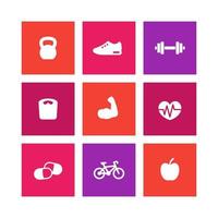icone fitness, semplici simboli fitness, icone quadrate su bianco, illustrazione vettoriale
