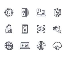 icone della linea di sicurezza e protezione su bianco, navigazione sicura, sicurezza informatica, firewall vettore
