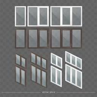 un grande set di finestre in metallo-plastica con vetri trasparenti in 3d. finestra moderna in uno stile realistico. isometria, illustrazione vettoriale. vettore