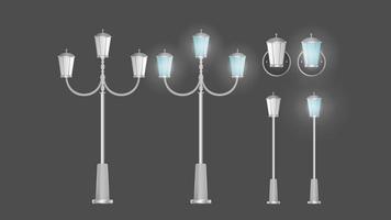 una serie di lanterne metalliche che brillano. lampione con luce realistica. vettore. vettore