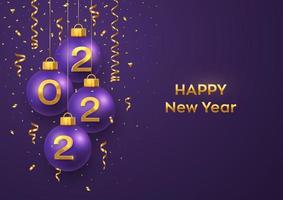 felice anno nuovo 2022. palline di natale viola appese con numeri 3d dorati realistici 2022 e coriandoli glitterati. biglietto d'auguri. poster, striscioni, volantini di Natale per le vacanze di capodanno. illustrazione vettoriale. vettore