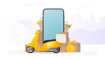 bandiera dello shopping online. scooter giallo con ripiano per alimenti, telefono, monete d'oro, scatole di cartone, sacchetto della spesa di carta. concetto di ordinazione e consegna e consegna di cibo online. vettore