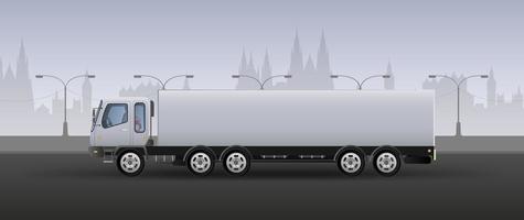 camion per la consegna veloce. composizione realistica nei toni del bianco e del grigio. sfondo della città. illustrazione vettoriale. vettore