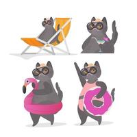 set di adesivi divertenti per gatti con un cerchio rosa per nuotare. sdraio, ombrellone. gatto con gli occhiali e un cappello. ottimo per adesivi, cartoline e magliette. banner divertente sul tema dell'estate. vettore. vettore