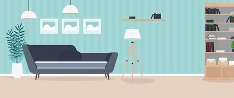 camera moderna e luminosa. soggiorno con divano, armadio, lampada, quadri. arredamento. interno. vettore. vettore