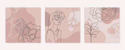 sfondi di bellezza vettoriali, storie di social media, layout di feed di post. serie di illustrazioni con una linea continua di viso di donna e foglie. collage contemporaneo con forme geometriche.