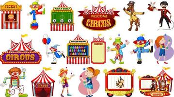 set di personaggi del circo ed elementi del parco di divertimenti vettore