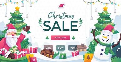 saldi di natale, banner web di sconto con babbo natale felice e pupazzo di neve buon natale. decorazioni, albero di natale e sfondo di scatole regalo. illustrazione vettoriale