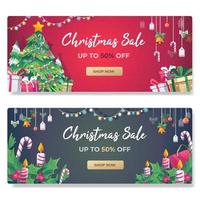 saldi di natale, modello di banner sconto promozione con scatole regalo, decorazioni per l'albero di natale. biglietti di auguri natalizi orizzontali, poster, banner web illustrazione vettoriale