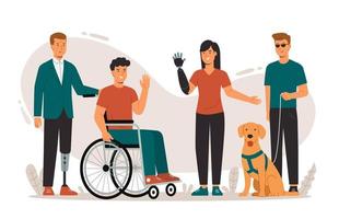 Personaggio di persone disabili con bisogni speciali, sedia a rotelle e arti protesici vettore