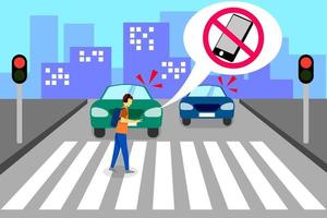 l'avvertimento per un uomo sta attraversando l'autostrada con l'utilizzo di uno smartphone con un disegno vettoriale