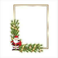 cornice realistica di natale foglie di pino santa, fiocchi di neve, palla d'oro. cornice dorata di Natale con nastro. elemento di decorazione di buon natale con bacche rosse, luci, nastro dorato. elementi di natale. vettore