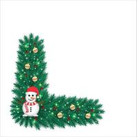 angolo di natale con pupazzo di neve e bacche rosse. angolo di natale con luci a stella e palline decorative. angolo di natale, pupazzo di neve di natale, bacche di agrifoglio, palla d'oro, fiocchi di neve, luce delle stelle, foglie di pino. vettore