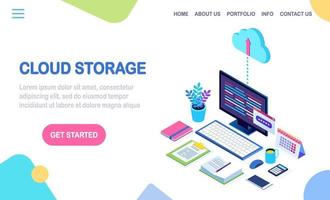 tecnologia di archiviazione cloud. backup dei dati. Computer isometrico 3d, pc con telefono cellulare isolato su priorità bassa. servizio di hosting per sito web. disegno vettoriale per banner