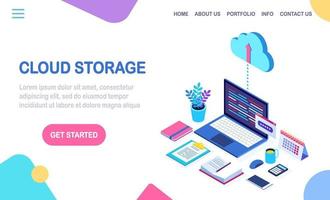 tecnologia di archiviazione cloud. backup dei dati. Computer portatile isometrico 3d, computer, pc con telefono cellulare isolato su priorità bassa. servizio di hosting per sito web. disegno vettoriale per banner