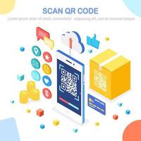 scansiona il codice qr sul telefono. lettore di codici a barre mobile, scanner con scatola di cartone, cloud, carta di credito, denaro. pagamento elettronico digitale con smartphone. dispositivo isometrico 3d. design piatto vettoriale