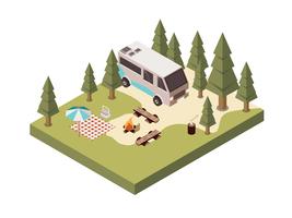 Campeggio in foresta Isometric Design vettore