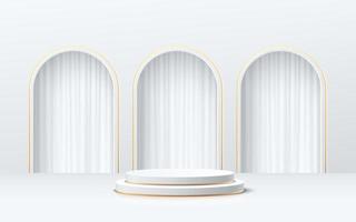 podio con piedistallo cilindrico realistico bianco e oro con tende bianche nella finestra. vettore stanza studio astratto con piattaforma geometrica 3d. scena minimale di lusso per vetrina prodotti, display promozionale.