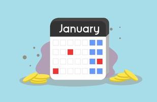 Calendario 3D, moneta d'oro. illustrazione finanziaria vettore coerente risparmio o investimento di routine ogni giorno o ogni mese per diventare un milionario, mercato dei capitali, libertà finanziaria, moneta d'oro 3d