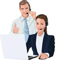 call center. supporto tecnico. acquisti online, operatori di call center. uomo e donna. sorridenti operatori del servizio clienti, maschio e femmina, pollice in su. dipendente che lavora con l'auricolare. vettore