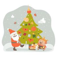 babbo natale dà a un bambino i regali di natale. una bambina è felice con i regali. l'albero di Natale è decorato. illustrazione vettoriale in stile cartone animato su sfondo bianco. isolato