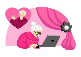 il nonno chiama la nonna tramite un laptop. gli anziani si congratulano a vicenda il giorno di san valentino vettore