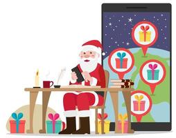 Babbo Natale sorridente seduto sulla sua sedia che pianifica la sua strada con regali per tutti i bravi bambini vettore