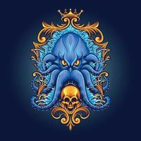 kraken blu con illustrazioni di teschi con cornice dorata vettore