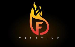 fiamma f lettera logo design icona con colori giallo arancio e fiamme vettore