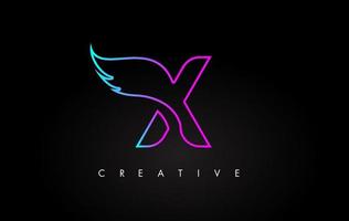 neon x lettera logo icona design con ala creativa nei colori blu viola magenta vettore