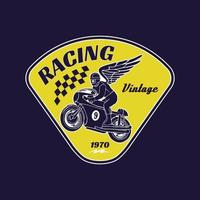 vettore dell'illustrazione del distintivo del logo del garage delle corse motociclistiche d'epoca