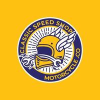 vettore dell'illustrazione del distintivo del logo del garage del motociclo dell'ala del casco dell'annata