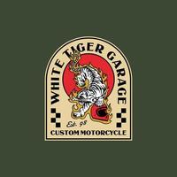 vettore dell'illustrazione del distintivo del logo del garage della tigre bianca dell'annata