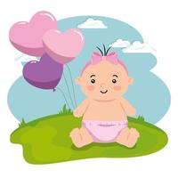 simpatica neonata con palloncini elio nel paesaggio vettore