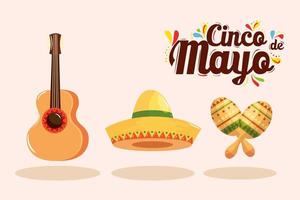 cappello da chitarra messicana e maracas di disegno vettoriale cinco de mayo