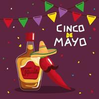 bottiglia di tequila messicana e peperoncino con baffi di disegno vettoriale cinco de mayo