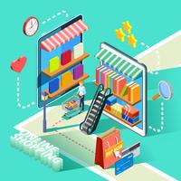 Poster di design isometrico dello shopping online di e-commerce vettore