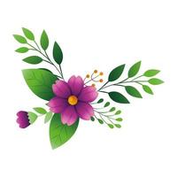 simpatici fiori viola con rami e foglie vettore