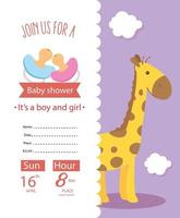 biglietto per baby shower con giraffa e icone vettore
