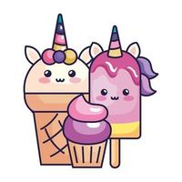 simpatici gelati unicorno con cupcake vettore