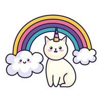 simpatico gatto unicorno con icona arcobaleno in stile kawaii vettore