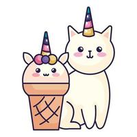 simpatico gelato e gatto unicorno isolato icona vettore