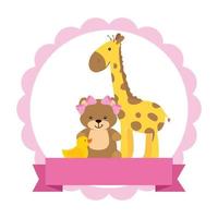 simpatica giraffa con femmina di orsacchiotto e anatra di gomma vettore