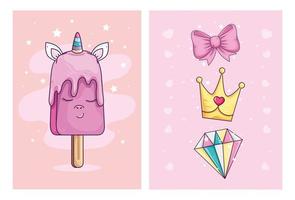 carino unicorno gelato kawaii con simpatiche icone set vettore