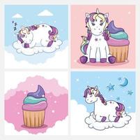 gruppo di simpatici unicorni con deliziosi cupcakes vettore