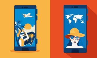 smartphone con donne sullo schermo e viaggi app vettore