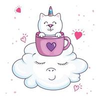simpatico gatto unicorno in tazza con nuvola in stile kawaii vettore
