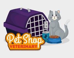 veterinario del negozio di animali con gatto e trasportino in scatola vettore